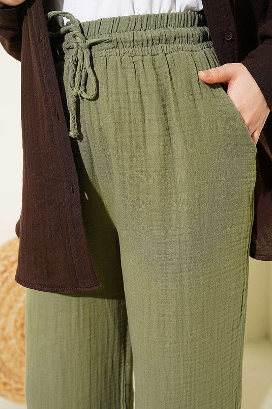 Pantaloni ampi in mussola con elastico, colore kaki