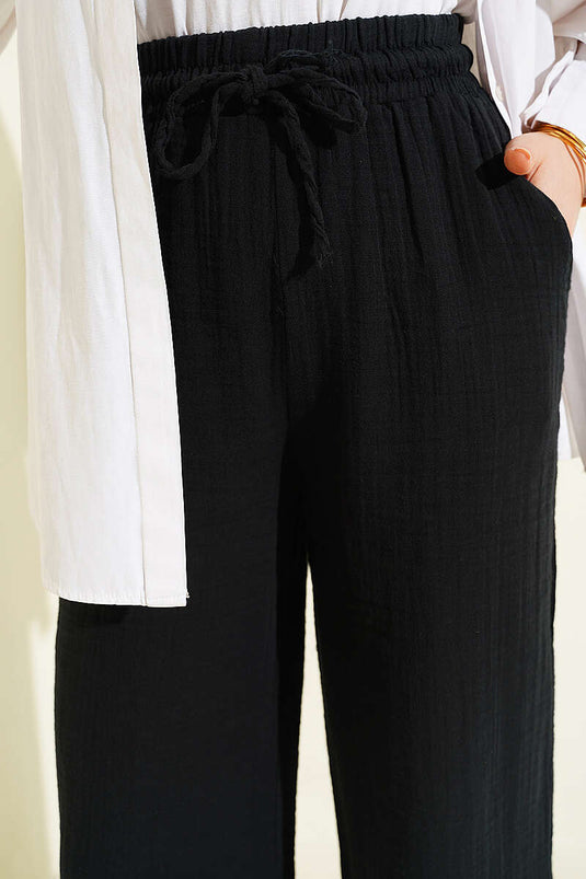 Beli Lastikli Geniş Paça Müslin Pantolon Siyah