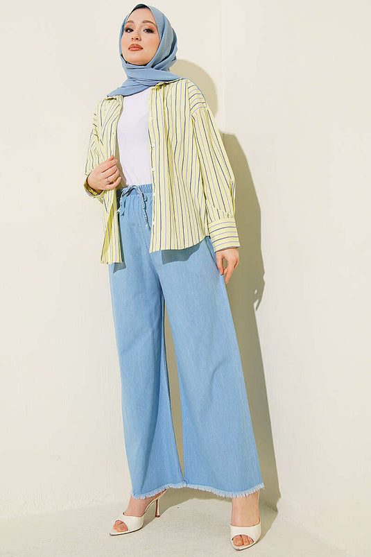 Acheter pantalon en jean à large jambe avec élastique et franges, bleu clair
