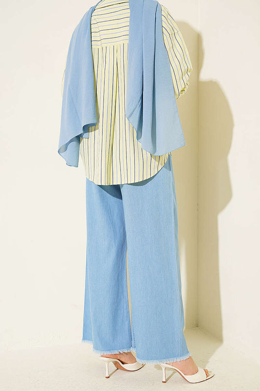 Acheter pantalon en jean à large jambe avec élastique et franges, bleu clair