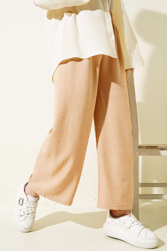 Beli Lastikli Geniş Paçalı Pantolon Camel