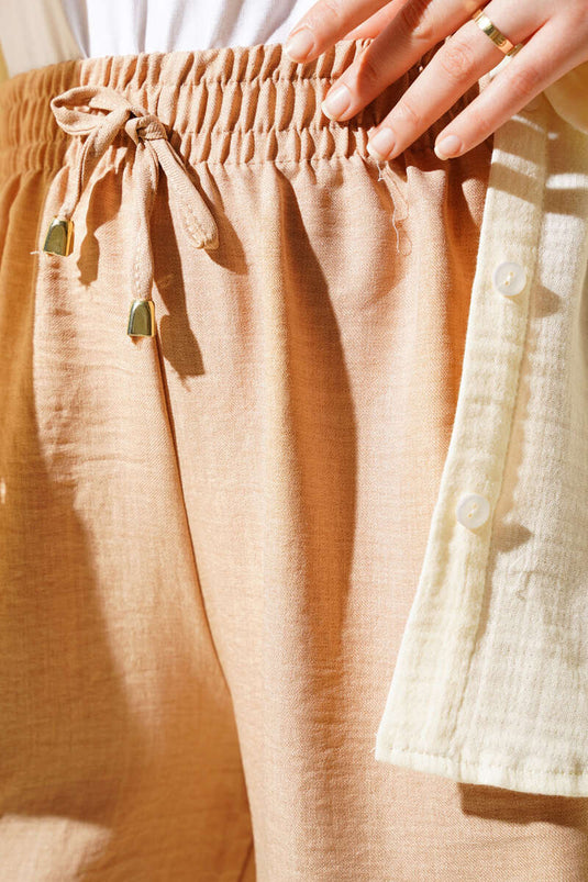 Beli Lastikli Geniş Paçalı Pantolon Camel