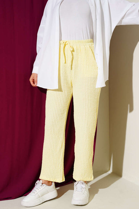 Beli Lastikli Gofre Pantolon Sarı