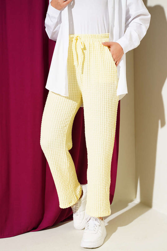 Beli Lastikli Gofre Pantolon Sarı