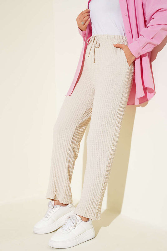 Beli Lastikli Gofre Pantolon Taş