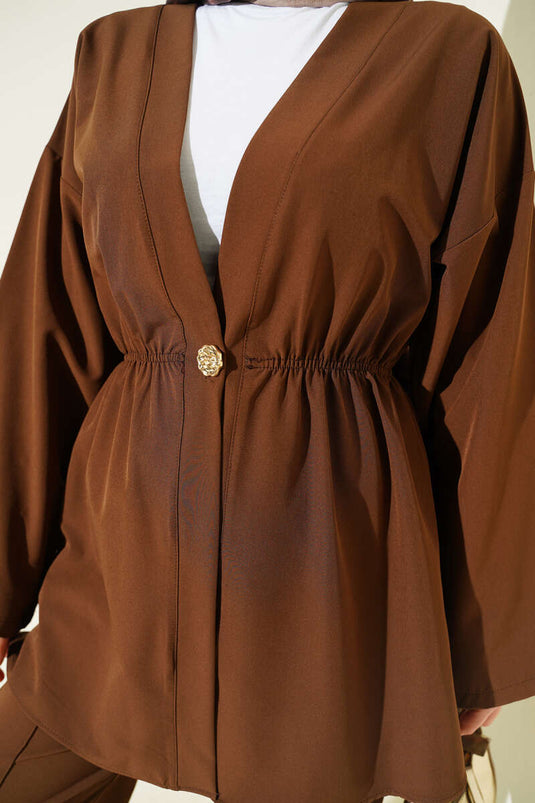 Ensemble double avec boutons dorés et élastique, couleur café