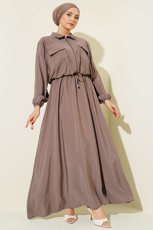 Acheter ensemble jupe salopette à col chemise élastique couleur vison