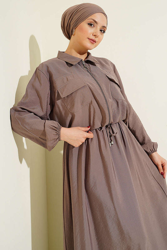 Acheter ensemble jupe salopette à col chemise élastique couleur vison