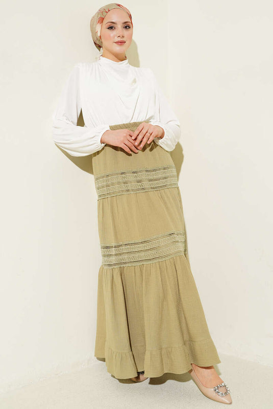 Buy Elastic Lace-Striped Muslin Skirt in Pistachio Green