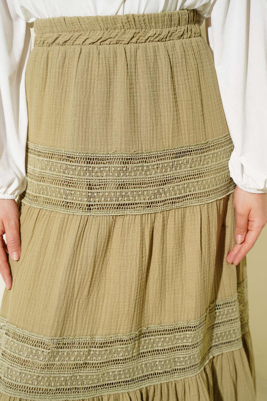 Buy Elastic Lace-Striped Muslin Skirt in Pistachio Green