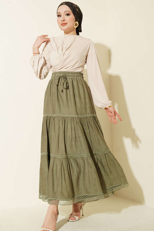 Beli Lastikli Güpürlü Katlı Etek Çağla Yeşili