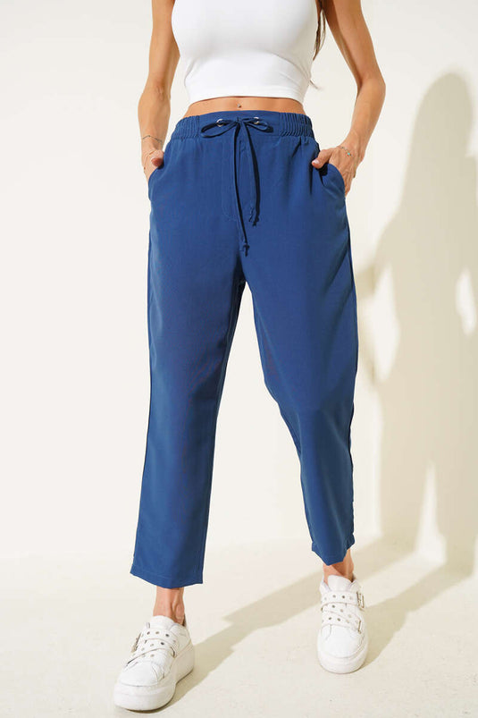 Indigo Elastic Waist Drawstring Trousers