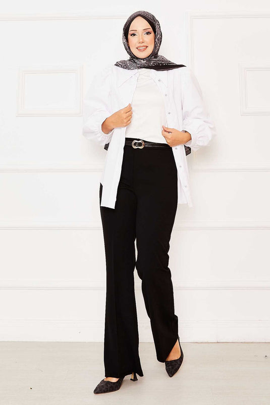 بنطلون أسود بخصر مطاطي وأسفل واسع