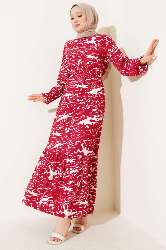 Elastic Waist Mixed Pattern Crepe Dress Burgundy