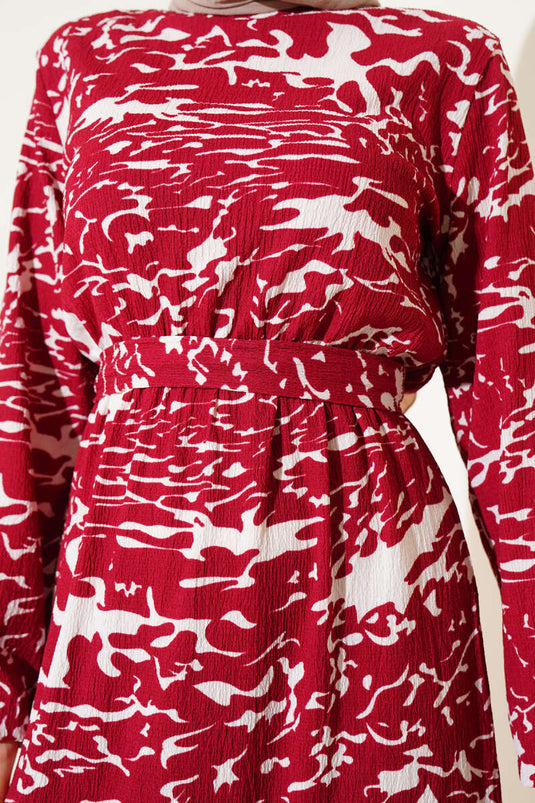 Elastic Waist Mixed Pattern Crepe Dress Burgundy