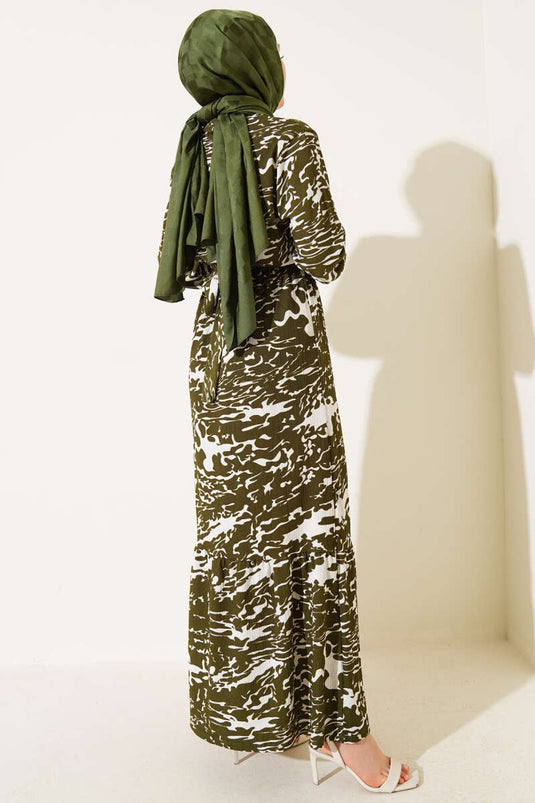 Elastic Waist Mixed Pattern Crepe Dress Khaki