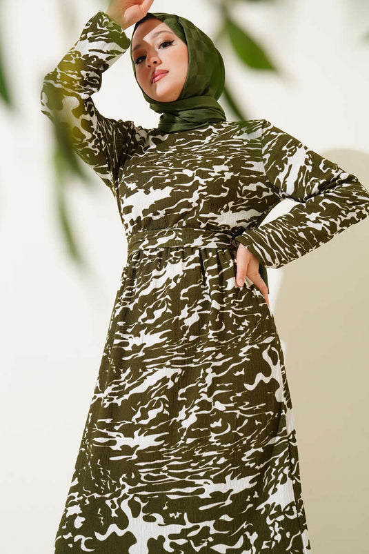 Elastic Waist Mixed Pattern Crepe Dress Khaki