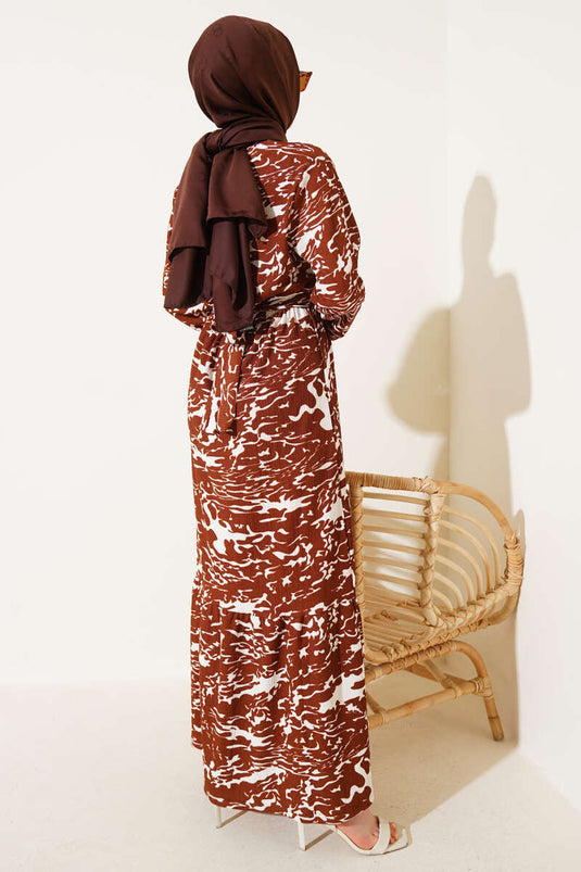 Beli Lastikli Karışık Desen Bürümcük Elbise Kahve