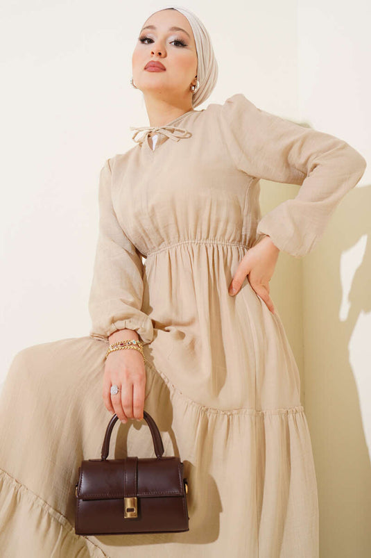 Elastic Waist Layered Dress, Beige