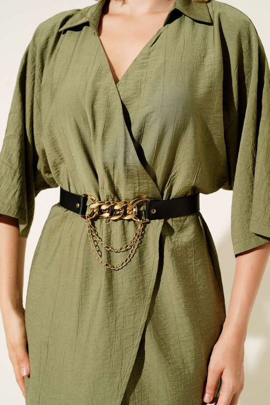 Elastic Waist Belted Midi Dress Khaki