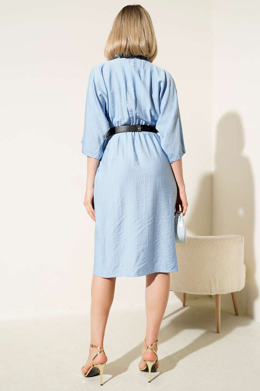 فستان ميدي أزرق بخصر مطاطي وحزام