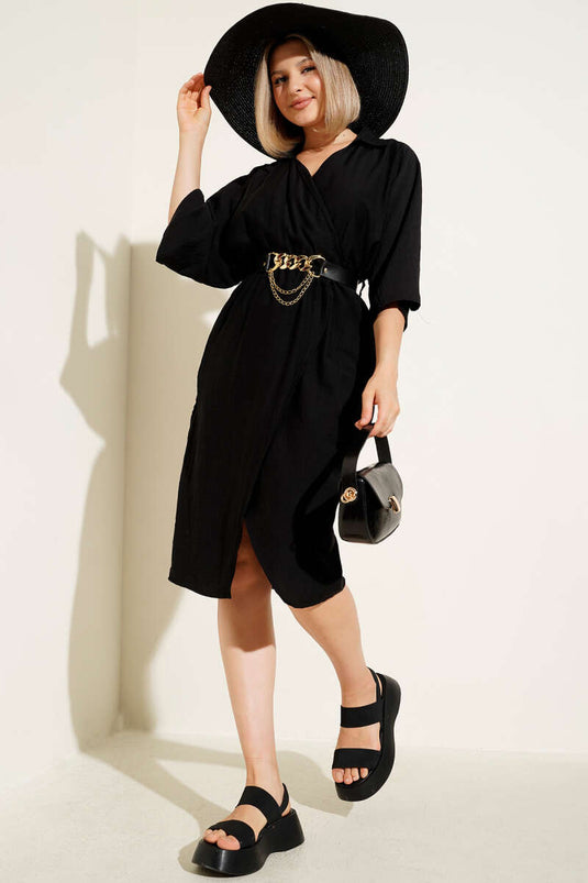 فستان ميدي أسود بخصر مطاطي وحزام