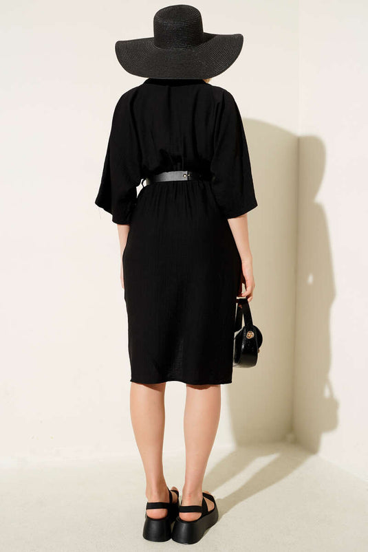 فستان ميدي أسود بخصر مطاطي وحزام