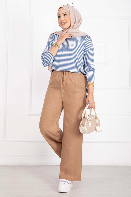 Beli Lastikli Keten Pantolon Camel