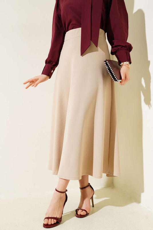 Falda Básica Acampanada Con Cintura Elástica, Beige