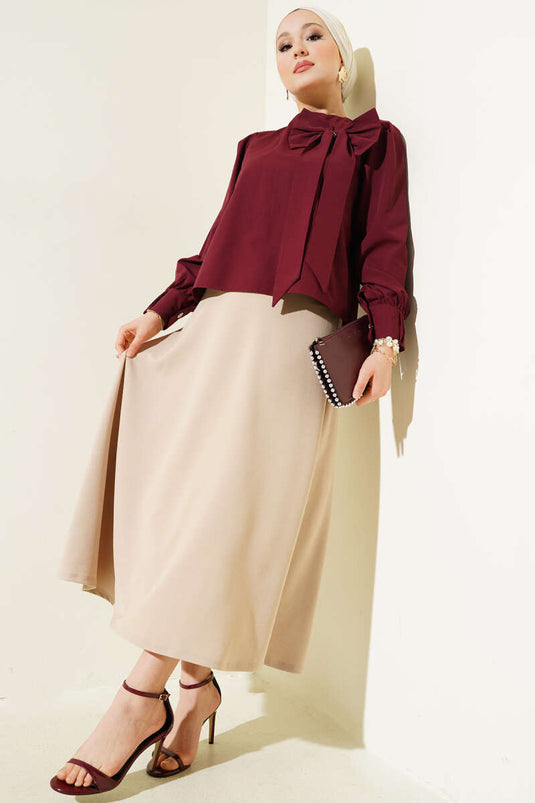 Falda Básica Acampanada Con Cintura Elástica, Beige
