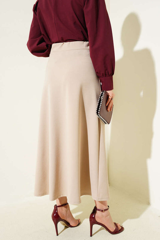 Falda Básica Acampanada Con Cintura Elástica, Beige