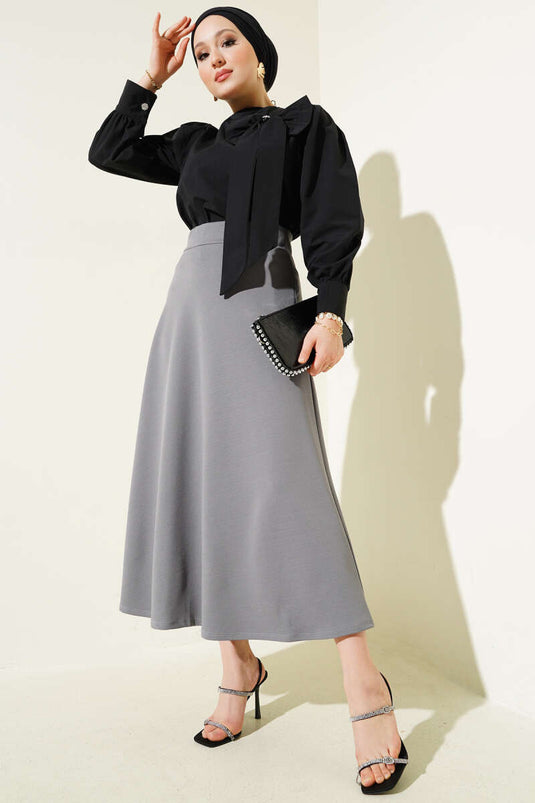 Buy Elastic Waist Flared Basic Skirt Gray