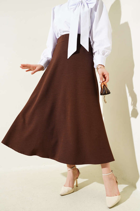 Elastic Waist Flared Basic Skirt, Brown