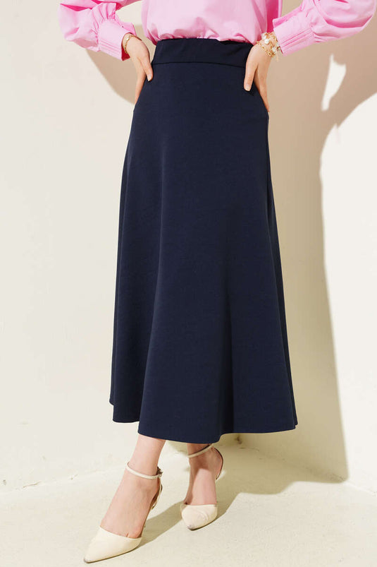Navy Blue Flared Basic Skirt with Elastic Waistband