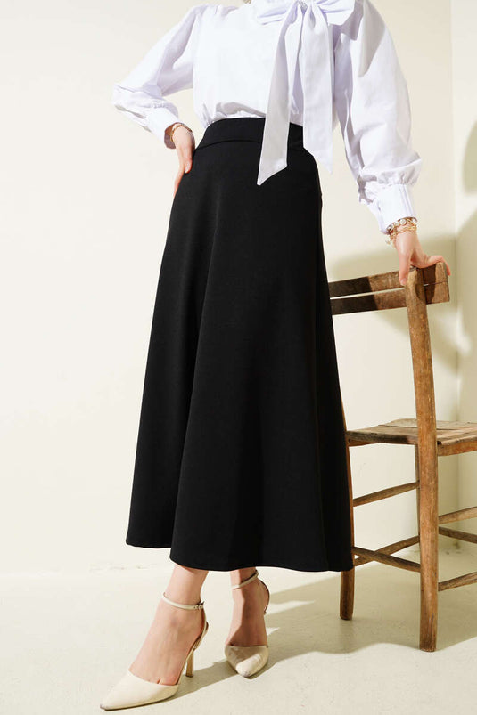 Black Flared Basic Skirt with Elastic Waist