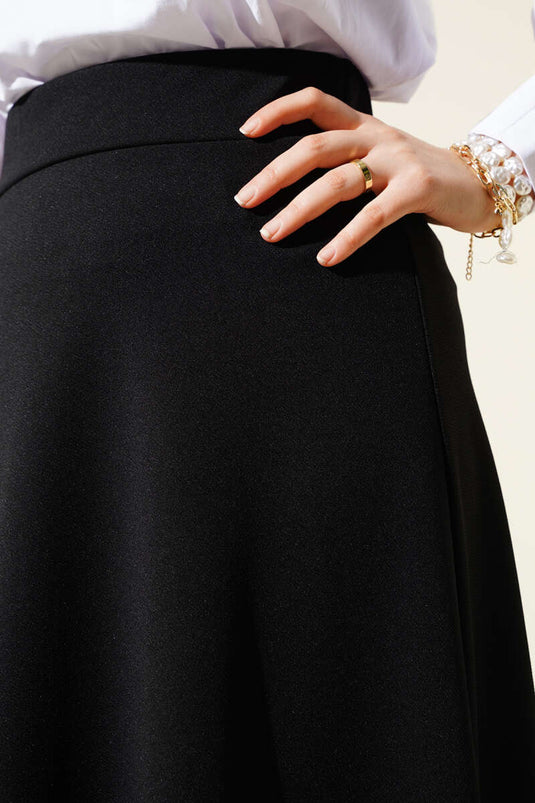Black Flared Basic Skirt with Elastic Waist