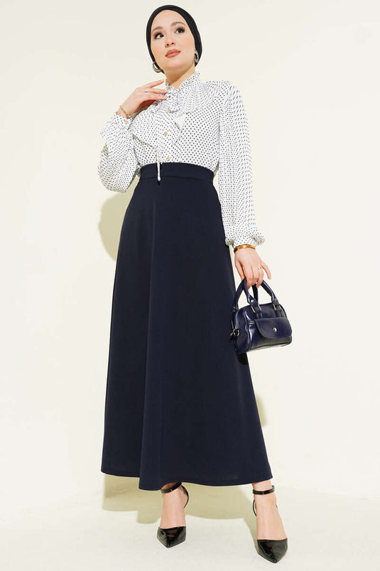 Jupe évasée à taille élastique double, bleu marine