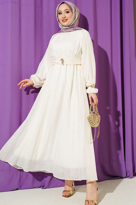 Beiges Kleid mit Gummizug und ausgestelltem Rock