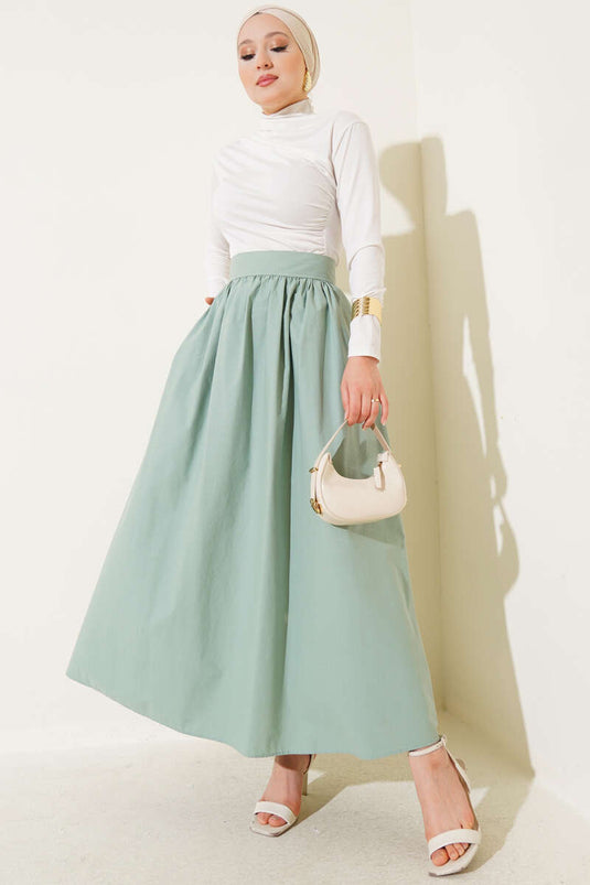 Elastic Waist Flared Skirt in Sage Green