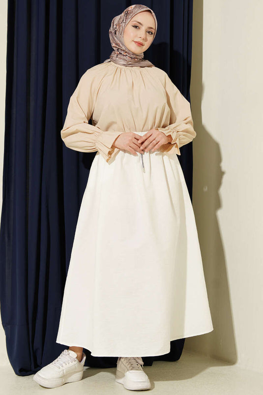 Buy Elastic Waist Flared Parachute Skirt Ecru