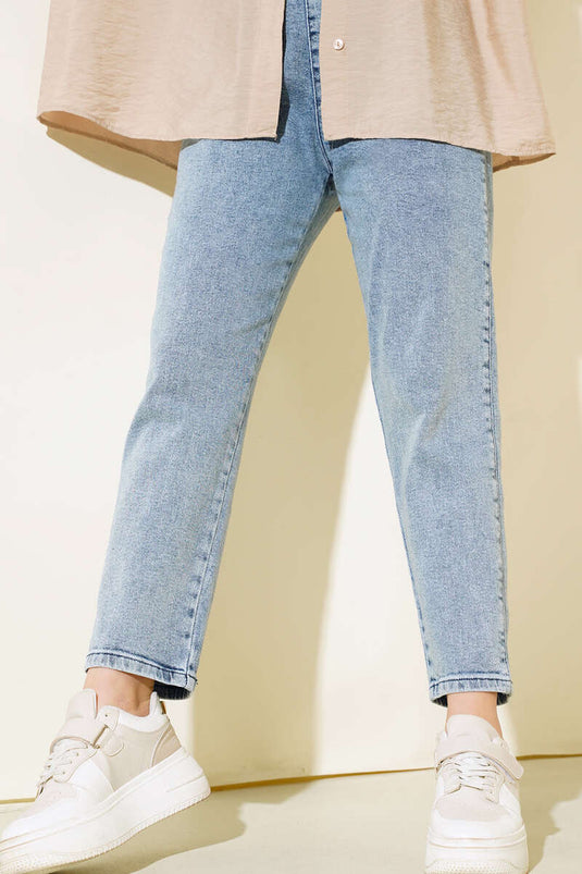 Pantalon Jeans Taille Elastique Bleu Denim