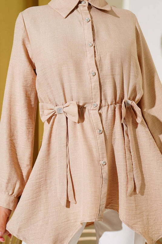Elastic Waist Ribbon Shirt Beige