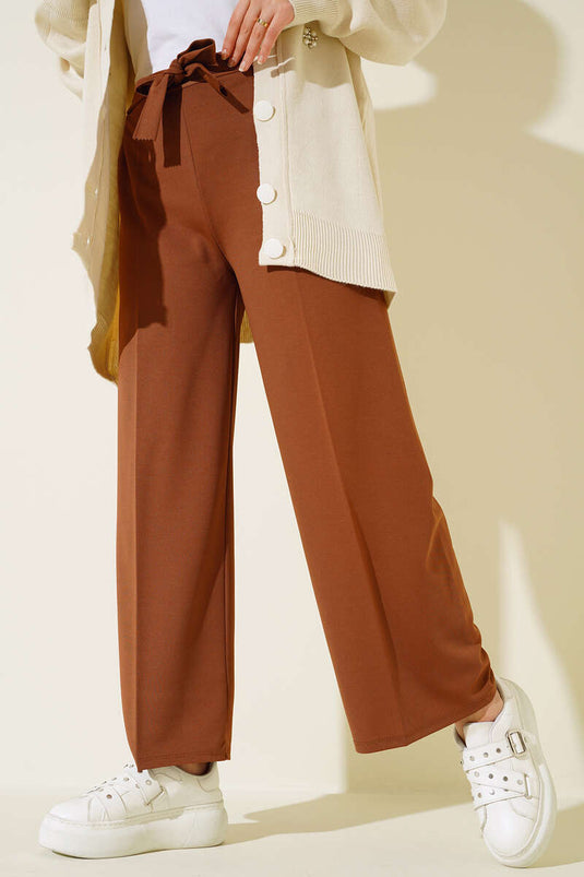 Pantaloni con laccio e cintura in vita elastica Marrone chiaro