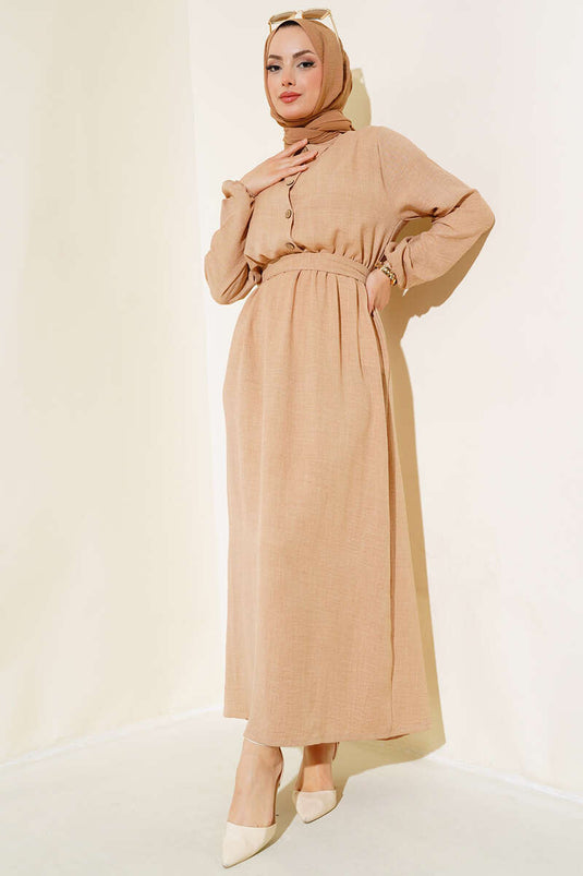 Belted Elastic Waist Linen Dress Latte