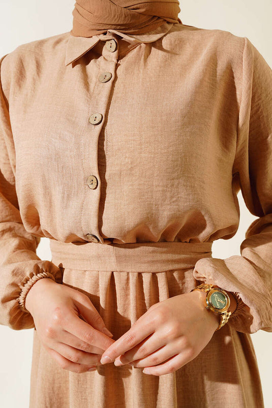 Belted Elastic Waist Linen Dress Latte