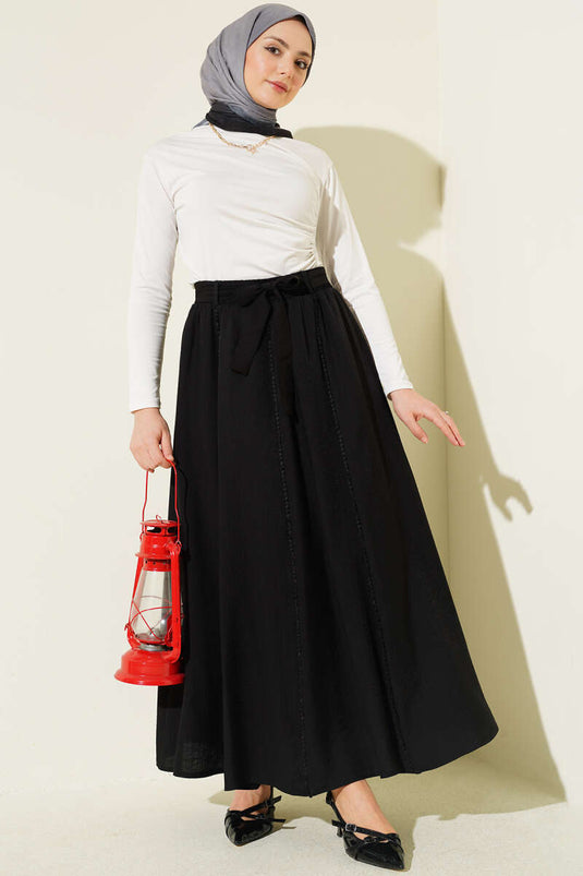 Buy Black Elastic Belted Flared Skirt