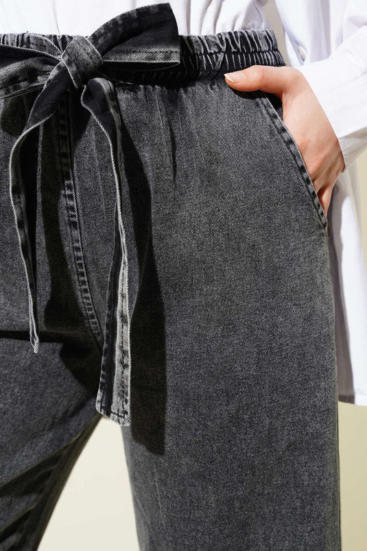 Beli Lastikli Kuşaklı Kot Pantolon Füme
