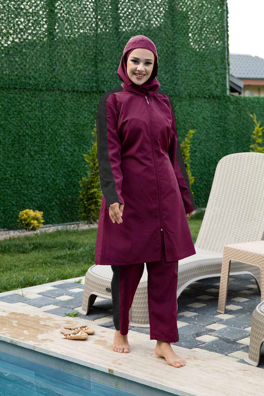 Hijab-Badeanzug mit Reißverschluss aus Fallschirmstoff, Fuchsia