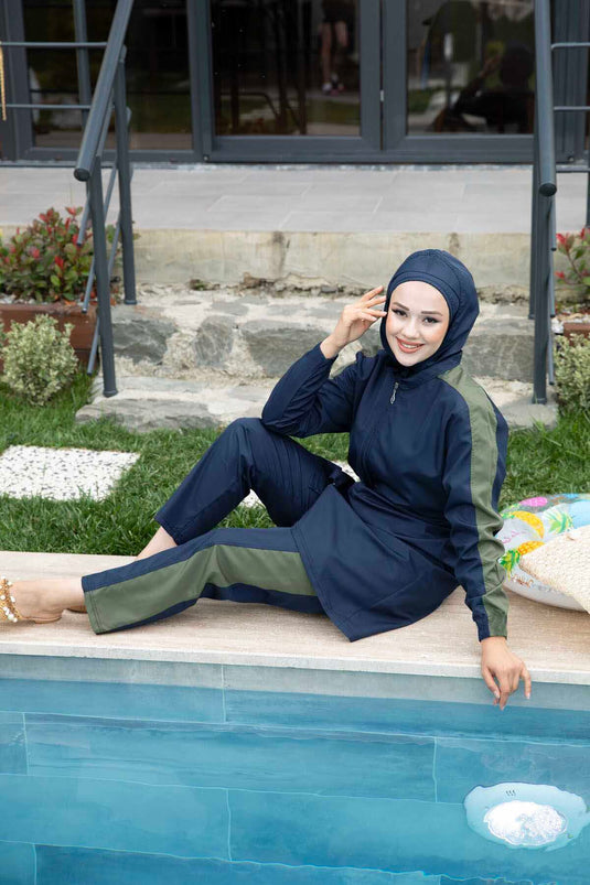 Maillot De Bain Hijab Zippé En Tissu Parachute Indigo