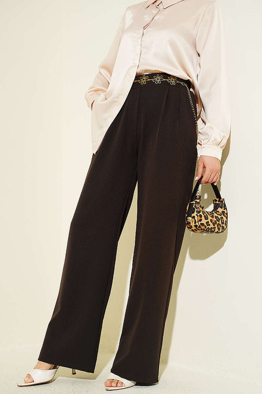 Achetez pantalon à taille élastique avec pinces avant couleur café brûlé